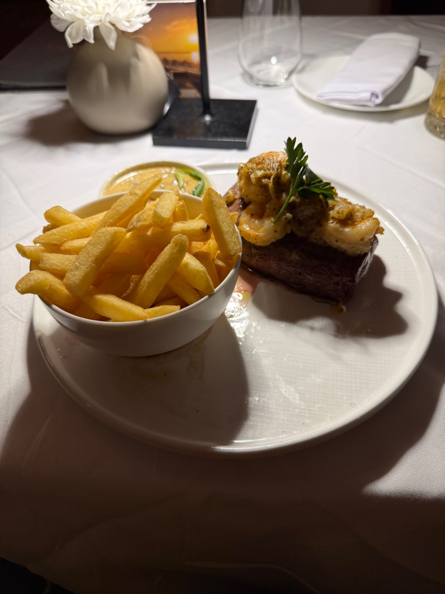 Steak and prawn dish